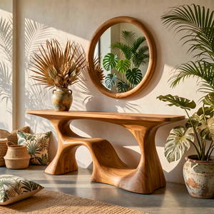 Organic Solid Wood Console Table with Sculptural Open Base