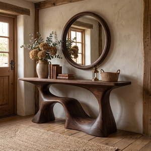 Organic Solid Wood Console Table with Sculptural Open Base