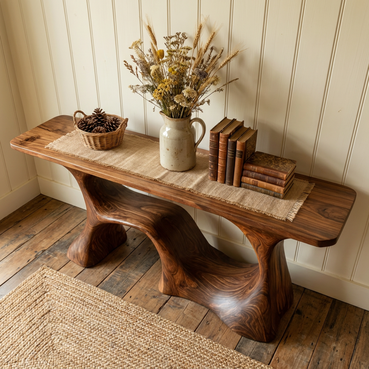 Organic Solid Wood Console Table with Sculptural Open Base