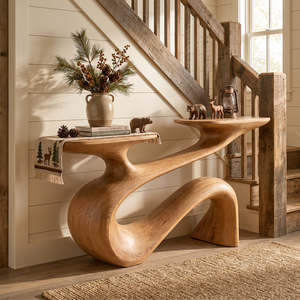 Sculptural Solid Wood Console Table with Flowing Curved Form