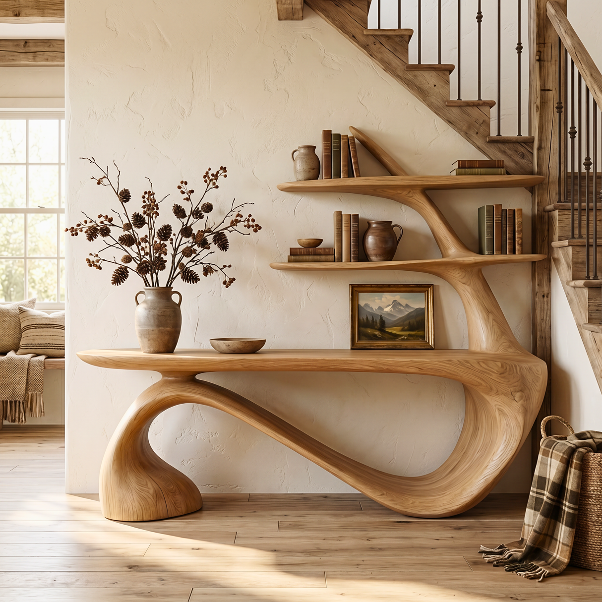 Organic Solid Wood Console Table with Integrated Sculptural Shelves