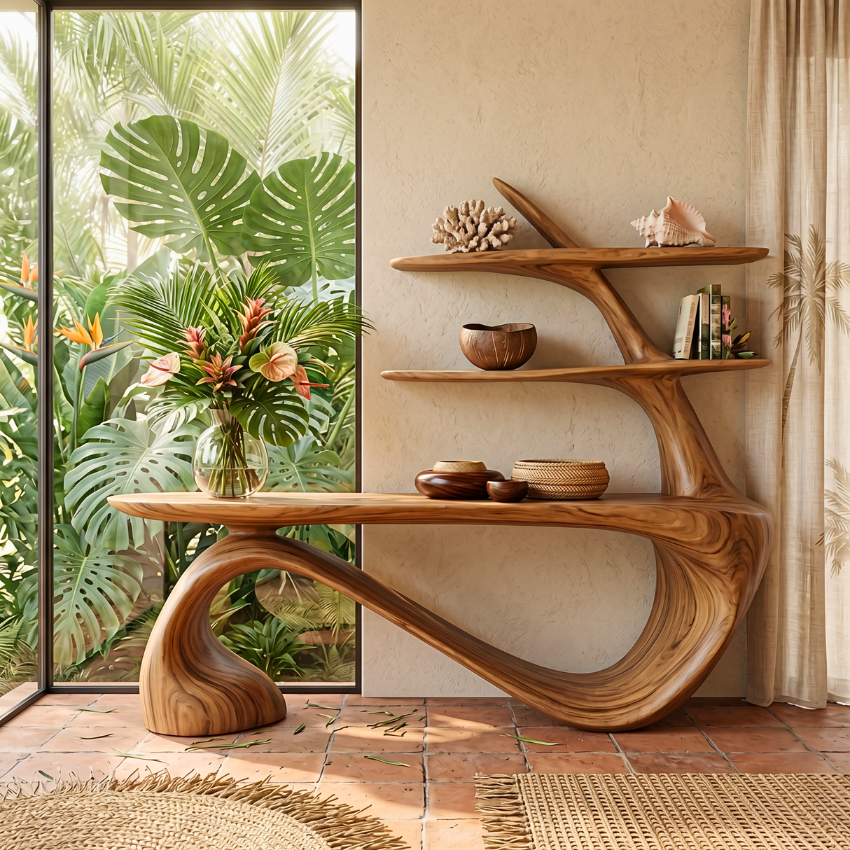 Organic Solid Wood Console Table with Integrated Sculptural Shelves