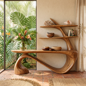 Organic Solid Wood Console Table with Integrated Sculptural Shelves