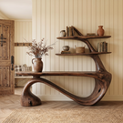 Organic Solid Wood Console Table with Integrated Sculptural Shelves
