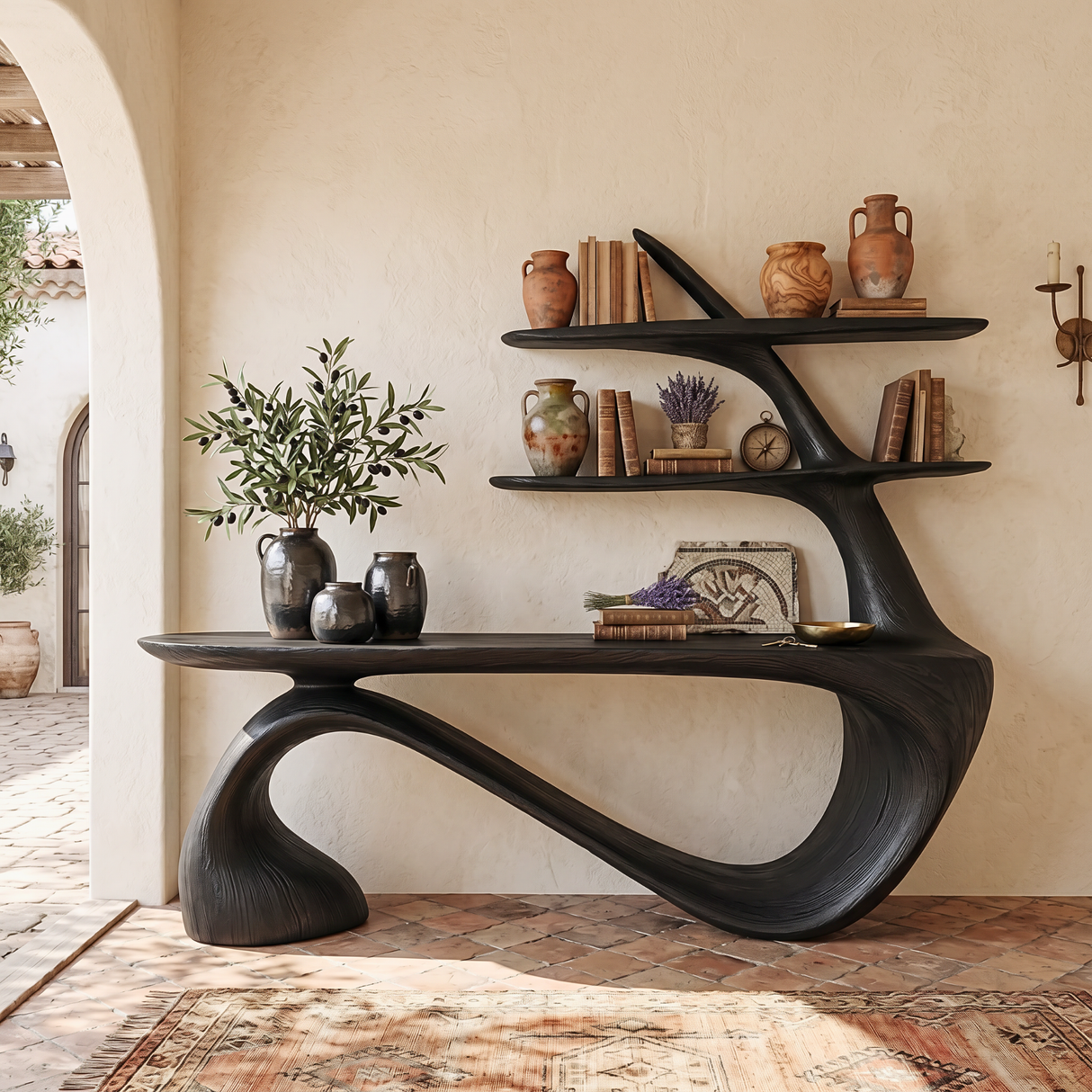 Organic Solid Wood Console Table with Integrated Sculptural Shelves