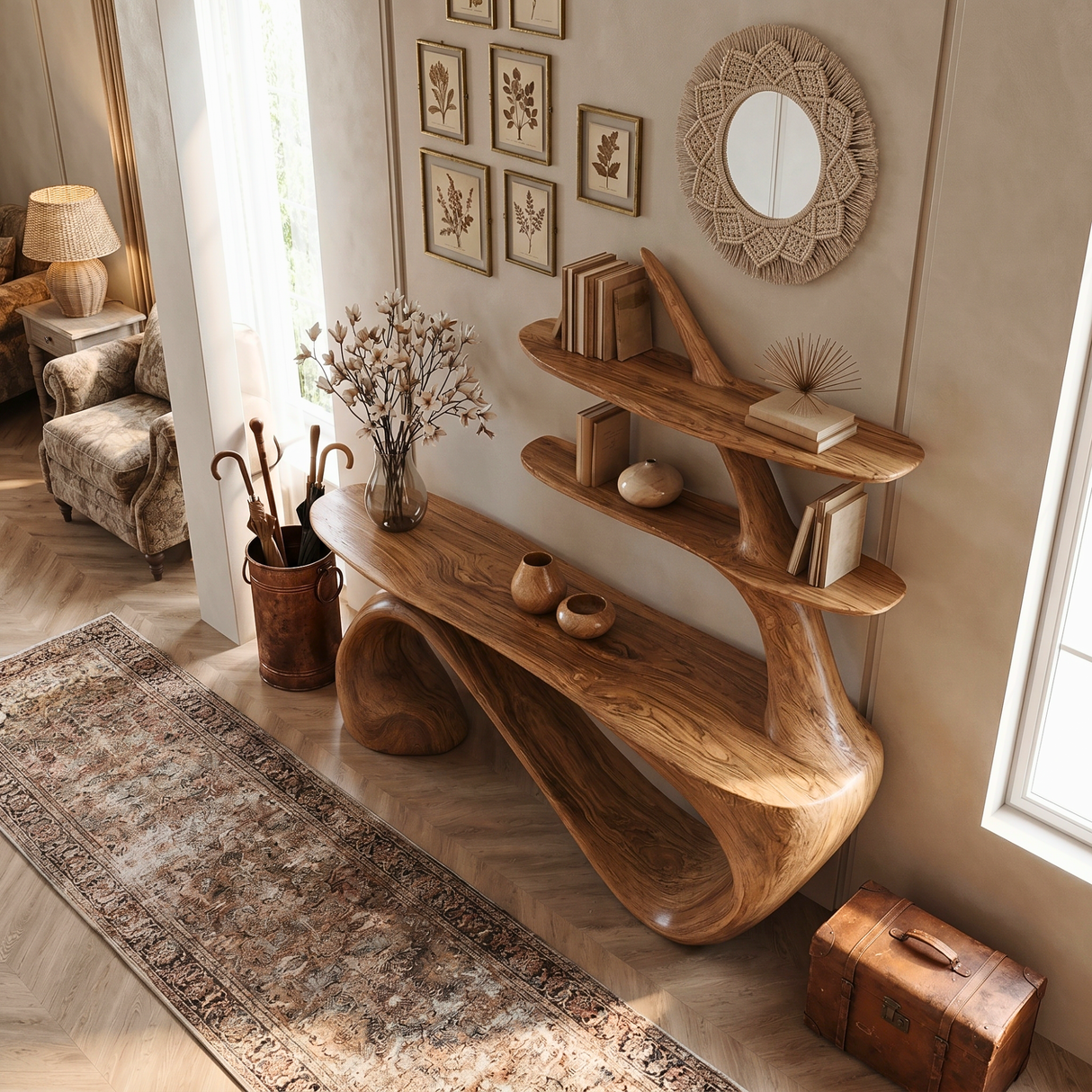 Organic Solid Wood Console Table with Integrated Sculptural Shelves