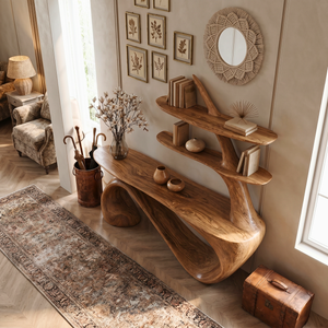 Organic Solid Wood Console Table with Integrated Sculptural Shelves