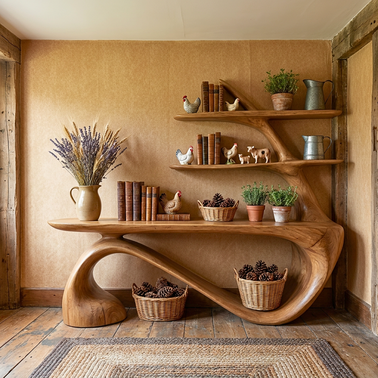 Organic Solid Wood Console Table with Integrated Sculptural Shelves