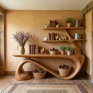 Organic Solid Wood Console Table with Integrated Sculptural Shelves