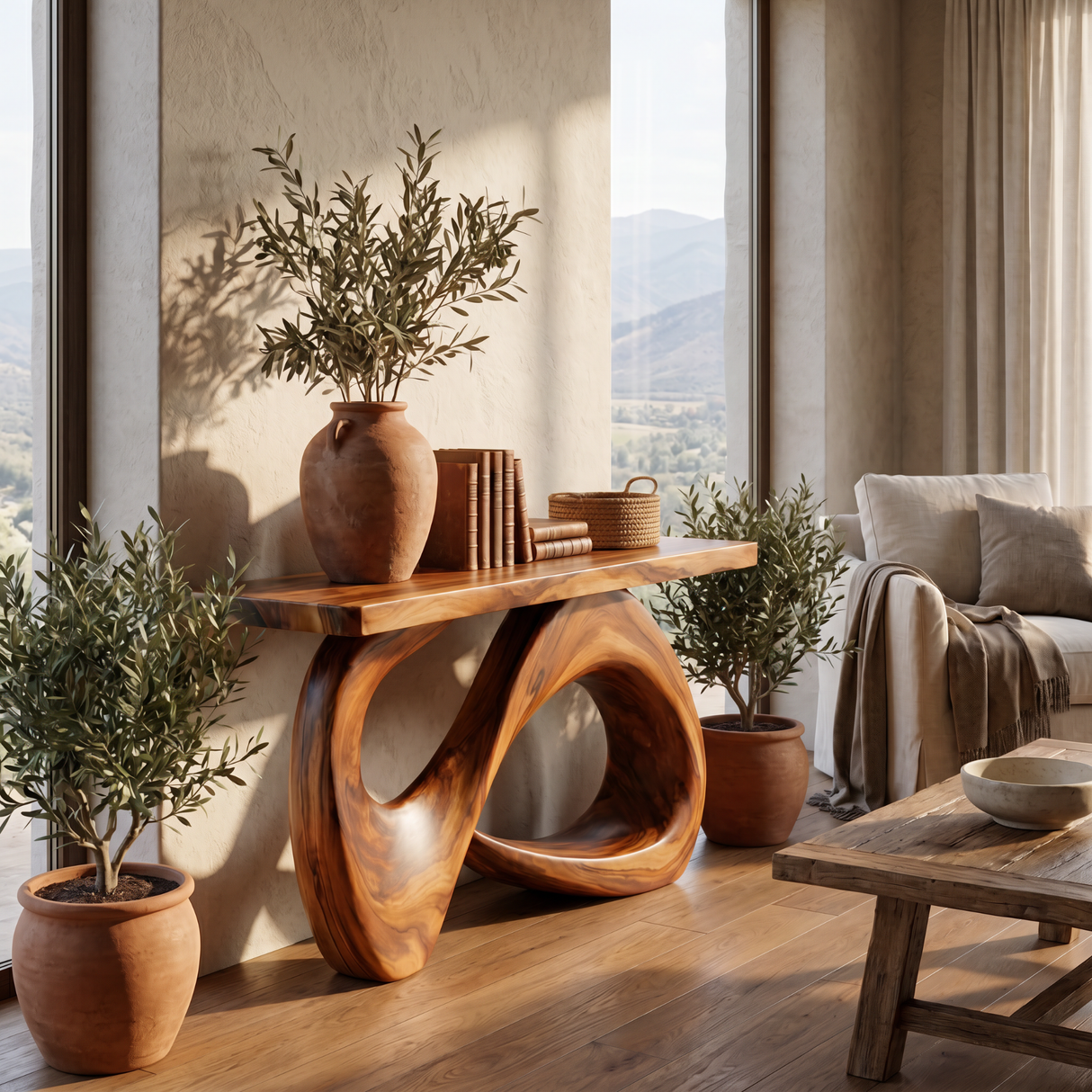 Solid Wood Console Table with Organic Loop Base
