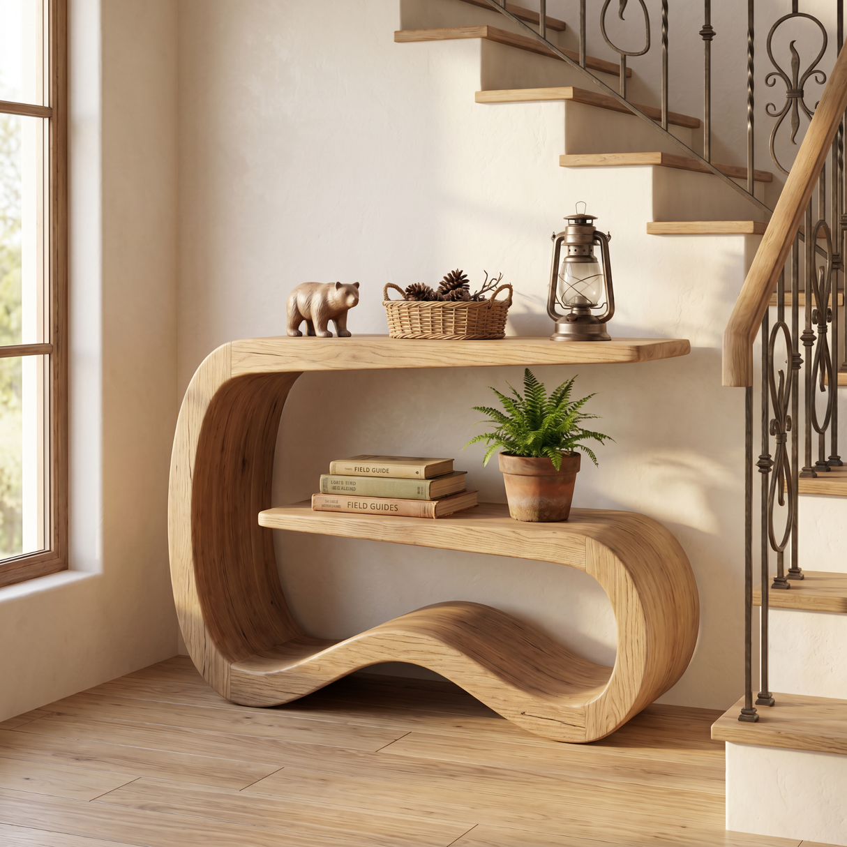 Solid Wood Sculptural Console Table with Open Shelf
