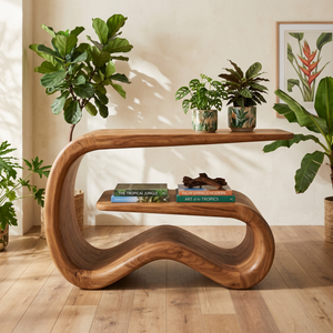 Solid Wood Sculptural Console Table with Open Shelf