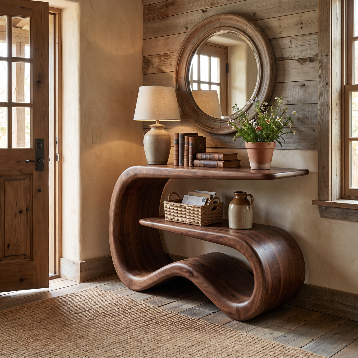 Solid Wood Sculptural Console Table with Open Shelf