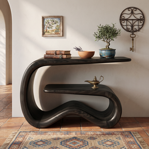 Solid Wood Sculptural Console Table with Open Shelf