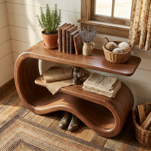 Solid Wood Sculptural Console Table with Open Shelf