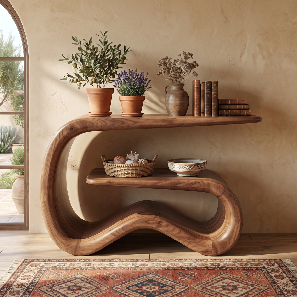 Solid Wood Sculptural Console Table with Open Shelf