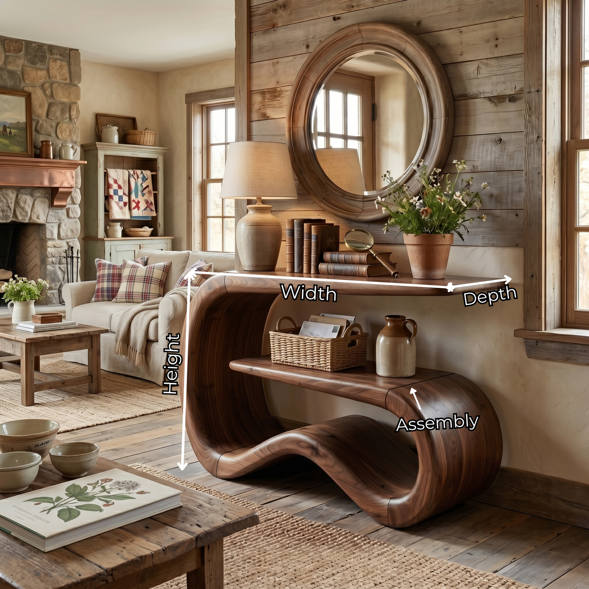 Solid Wood Sculptural Console Table with Open Shelf