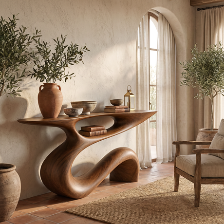Solid Wood Console Table with Flowing Open Sculptural Base