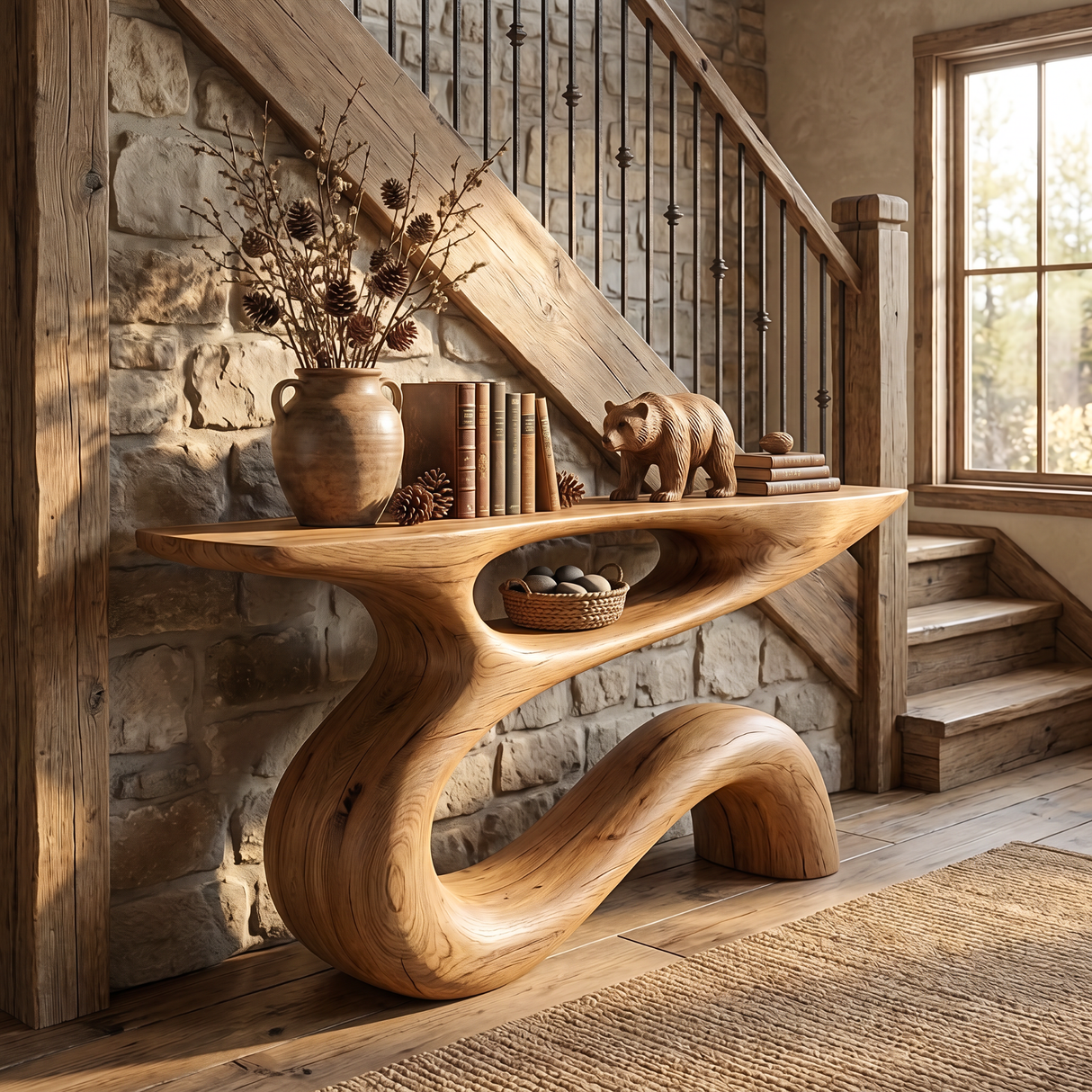 Solid Wood Console Table with Flowing Open Sculptural Base
