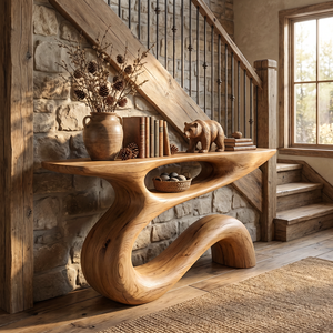 Solid Wood Console Table with Flowing Open Sculptural Base