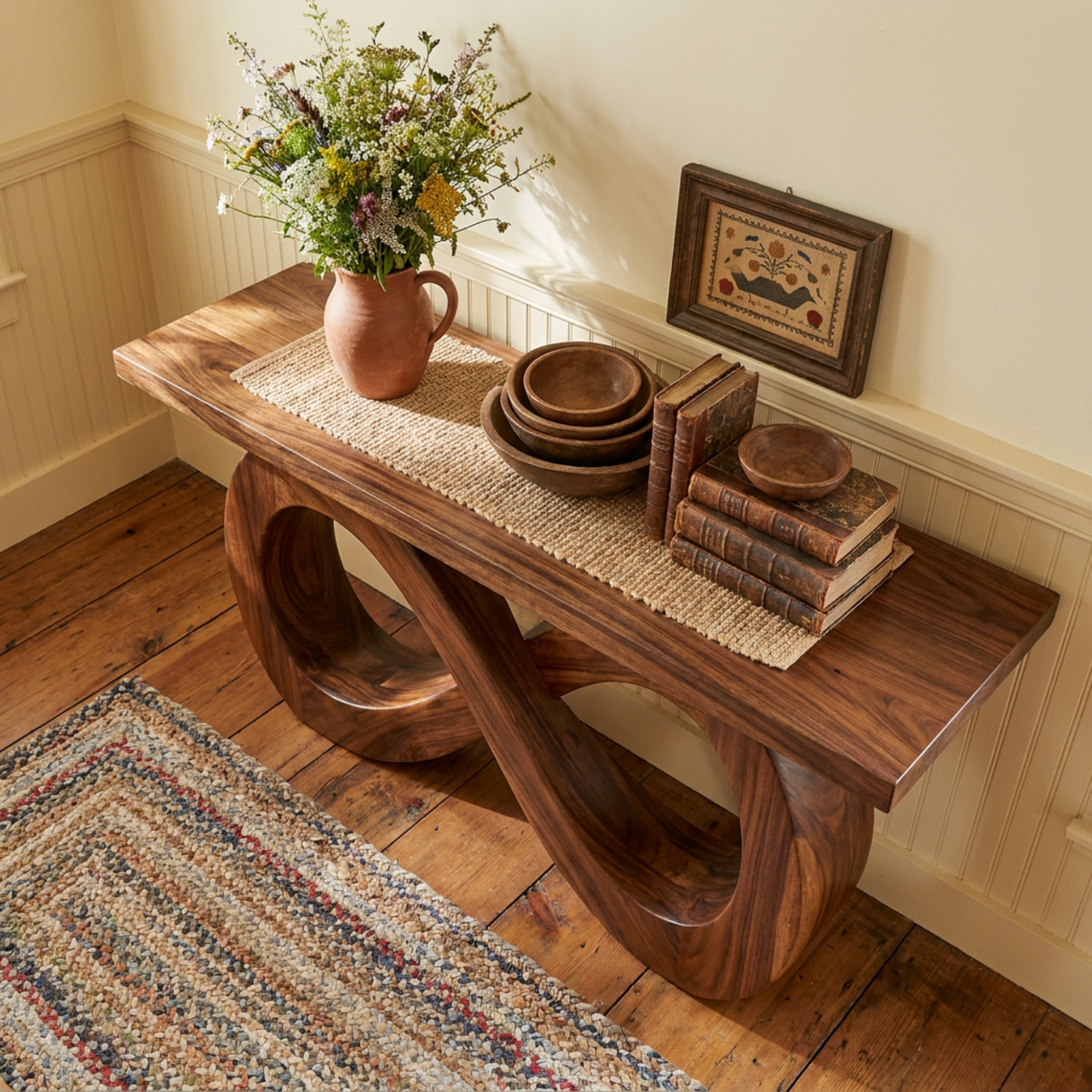 Solid Wood Console Table with Double Loop Sculptural Base