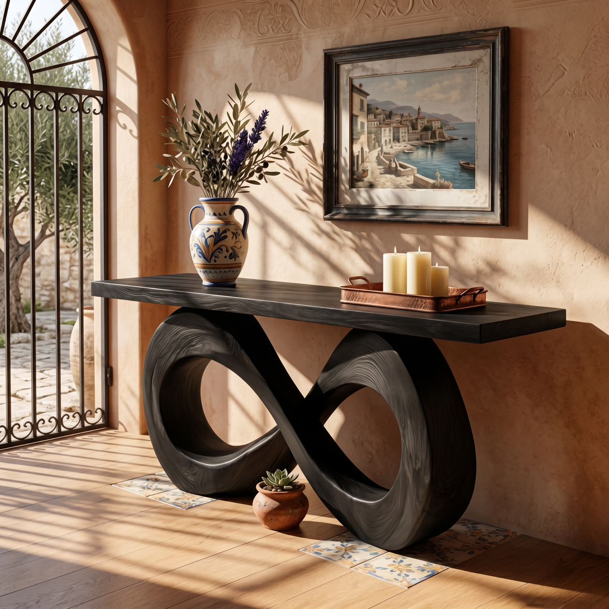 Solid Wood Console Table with Double Loop Sculptural Base