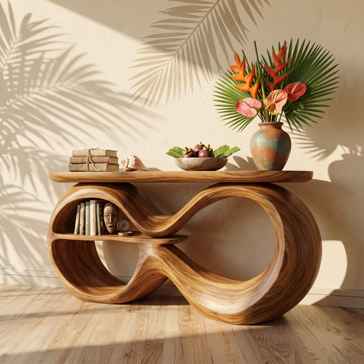 Solid Wood Console Table with Infinity Loop Base and Display Shelf