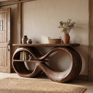 Solid Wood Console Table with Infinity Loop Base and Display Shelf