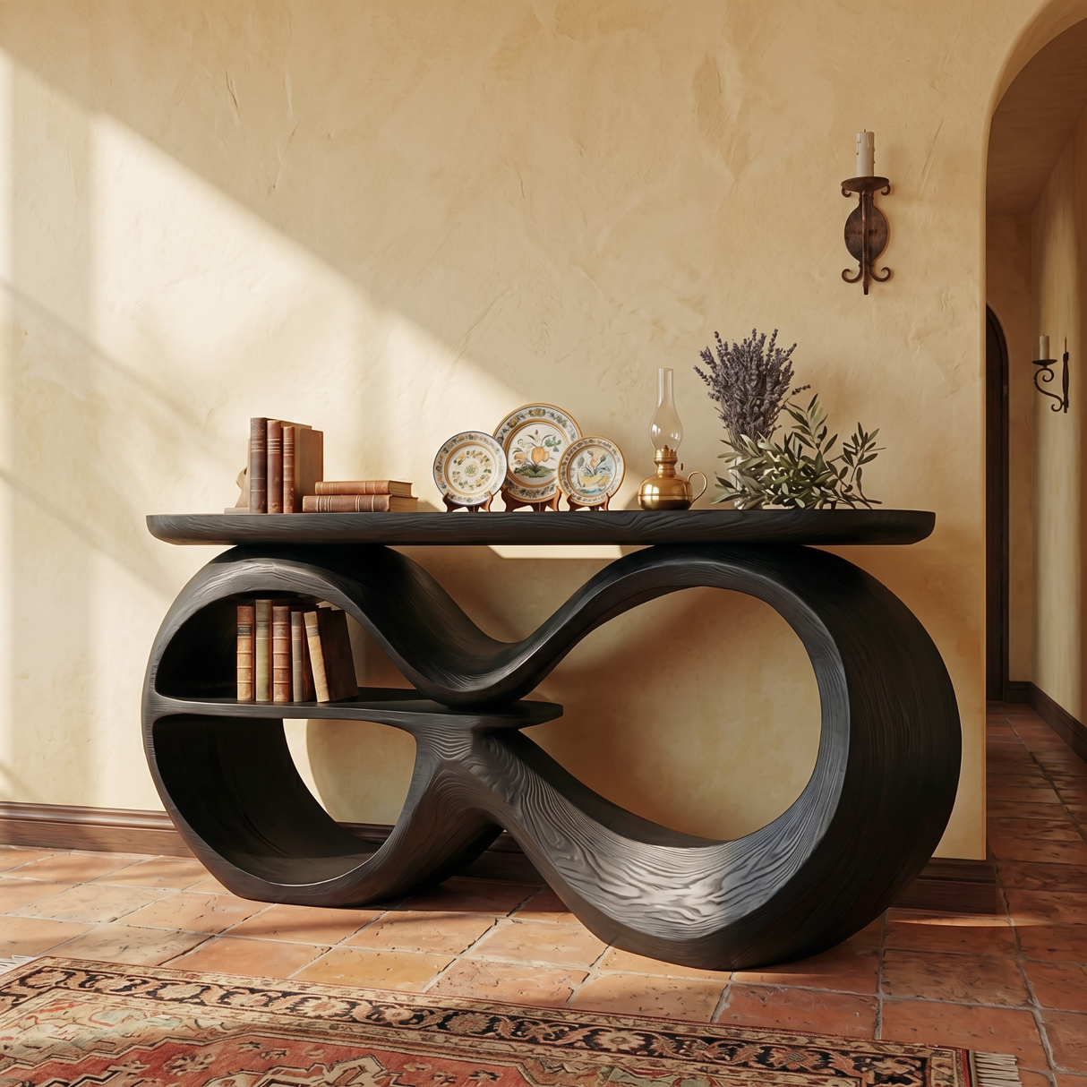 Solid Wood Console Table with Infinity Loop Base and Display Shelf