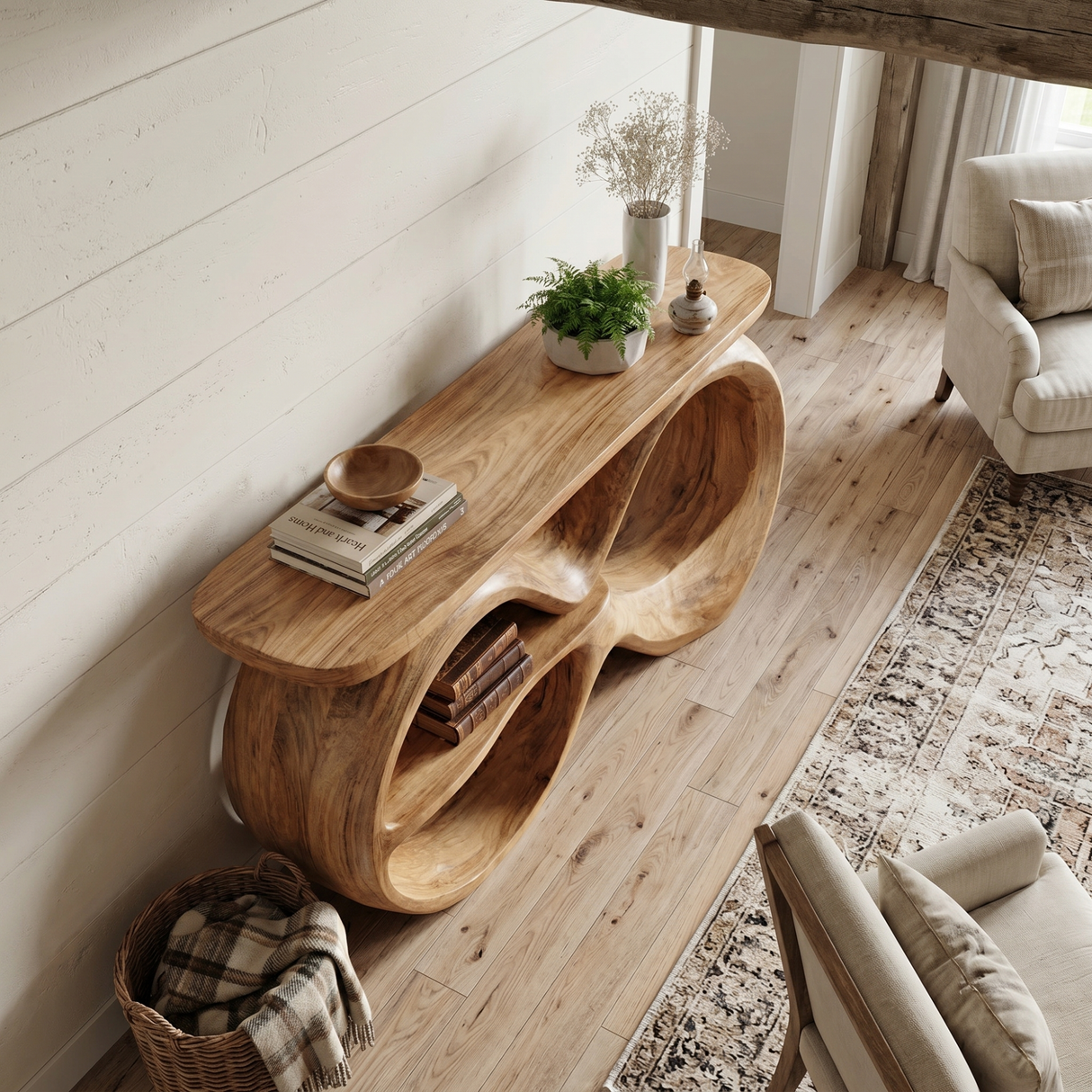 Solid Wood Console Table with Infinity Loop Base and Display Shelf