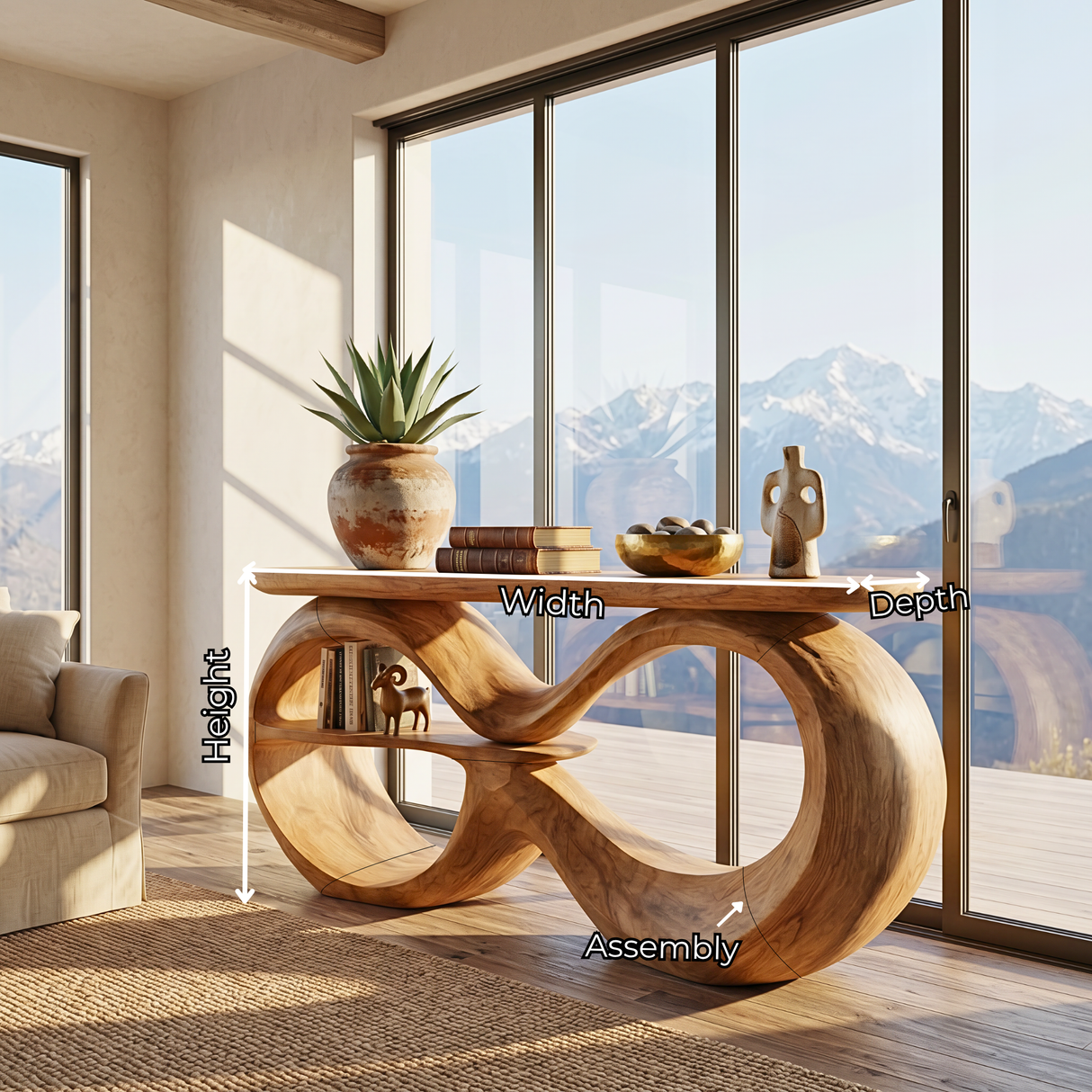 Solid Wood Console Table with Infinity Loop Base and Display Shelf