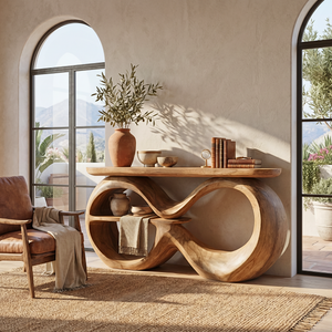 Solid Wood Console Table with Infinity Loop Base and Display Shelf
