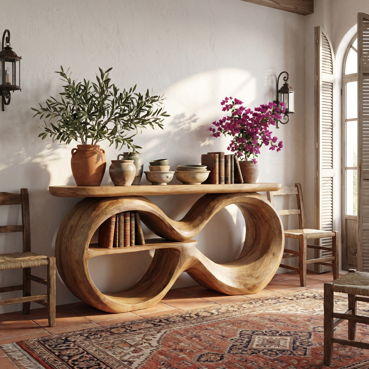 Solid Wood Console Table with Infinity Loop Base and Display Shelf