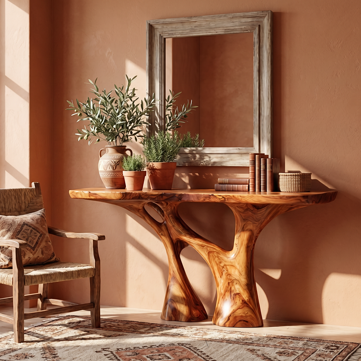 Solid Wood Console Table with Organic Open Carved Base