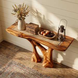 Solid Wood Console Table with Organic Open Carved Base