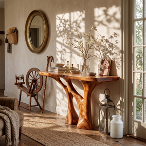 Solid Wood Console Table with Organic Open Carved Base