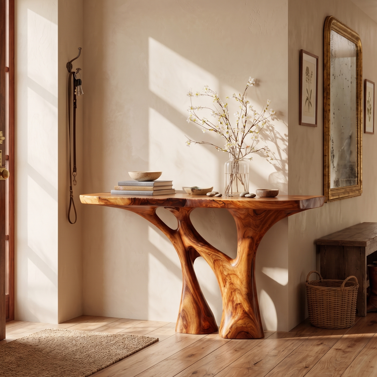 Solid Wood Console Table with Organic Open Carved Base