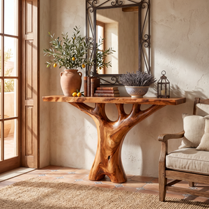 Handcrafted Solid Wood Console Table with Tree Inspired Sculptural Base
