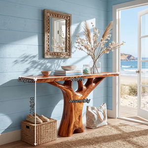 Handcrafted Solid Wood Console Table with Tree Inspired Sculptural Base