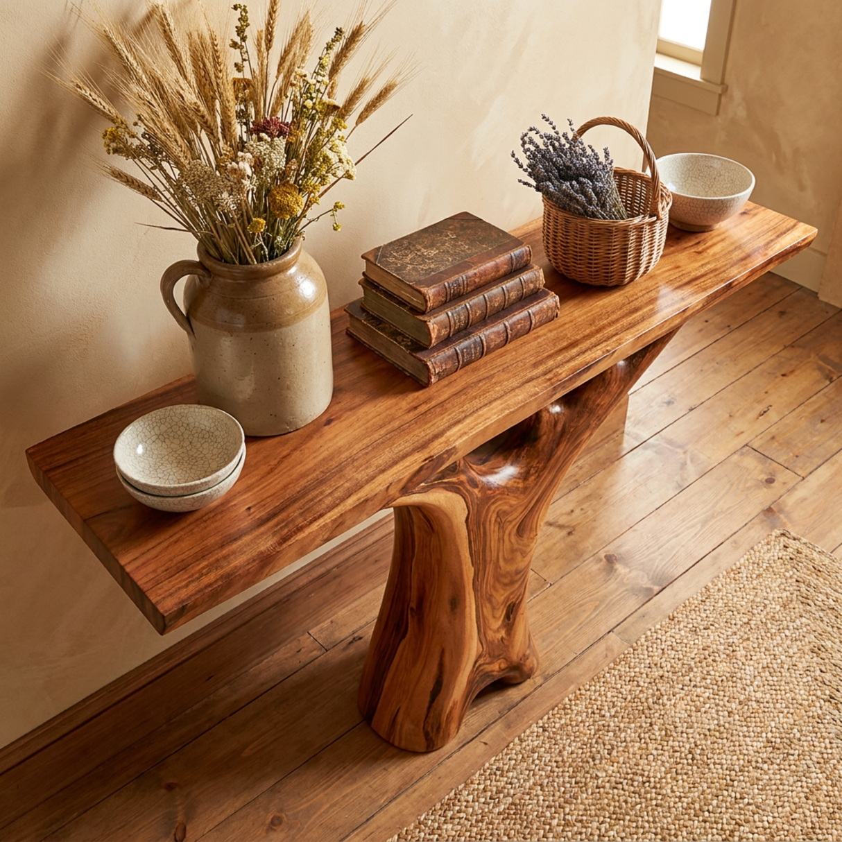 Handcrafted Solid Wood Console Table with Tree Inspired Sculptural Base