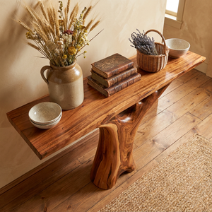 Handcrafted Solid Wood Console Table with Tree Inspired Sculptural Base