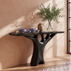 Handcrafted Solid Wood Console Table with Tree Inspired Sculptural Base