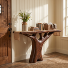 Handcrafted Solid Wood Console Table with Tree Inspired Sculptural Base