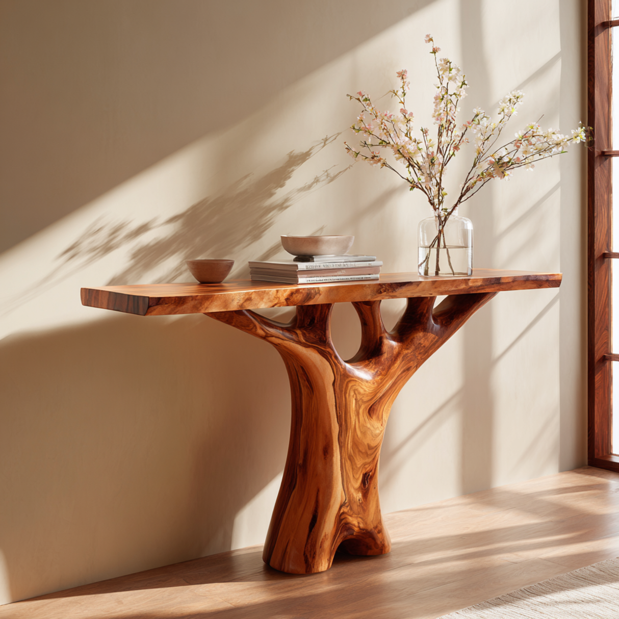 Handcrafted Solid Wood Console Table with Tree Inspired Sculptural Base