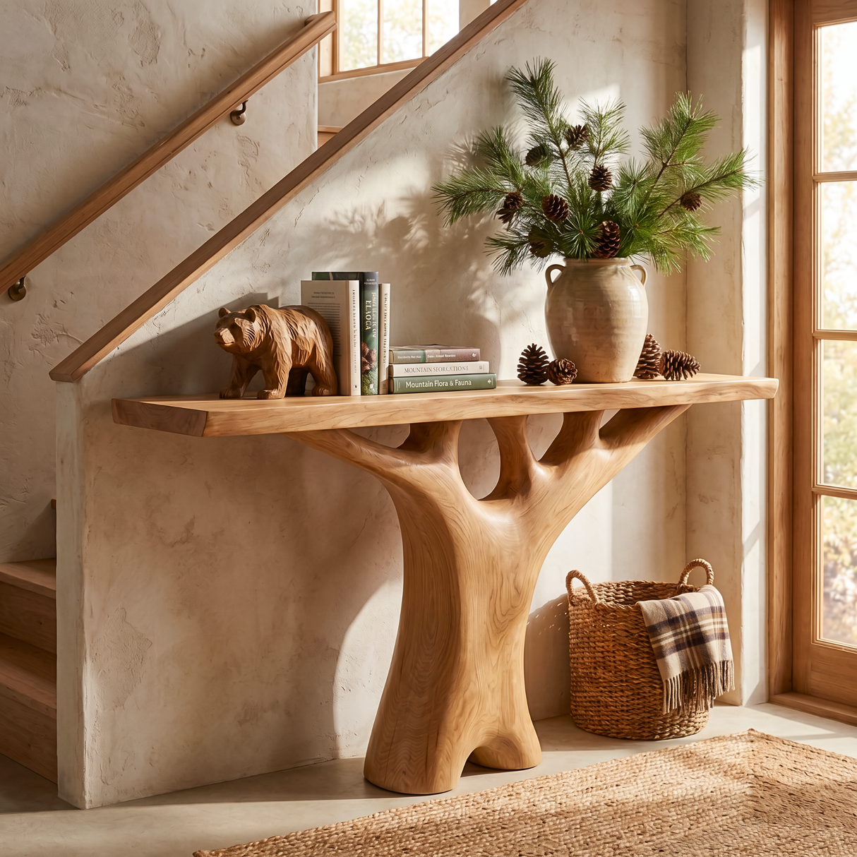 Handcrafted Solid Wood Console Table with Tree Inspired Sculptural Base