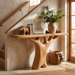 Handcrafted Solid Wood Console Table with Tree Inspired Sculptural Base