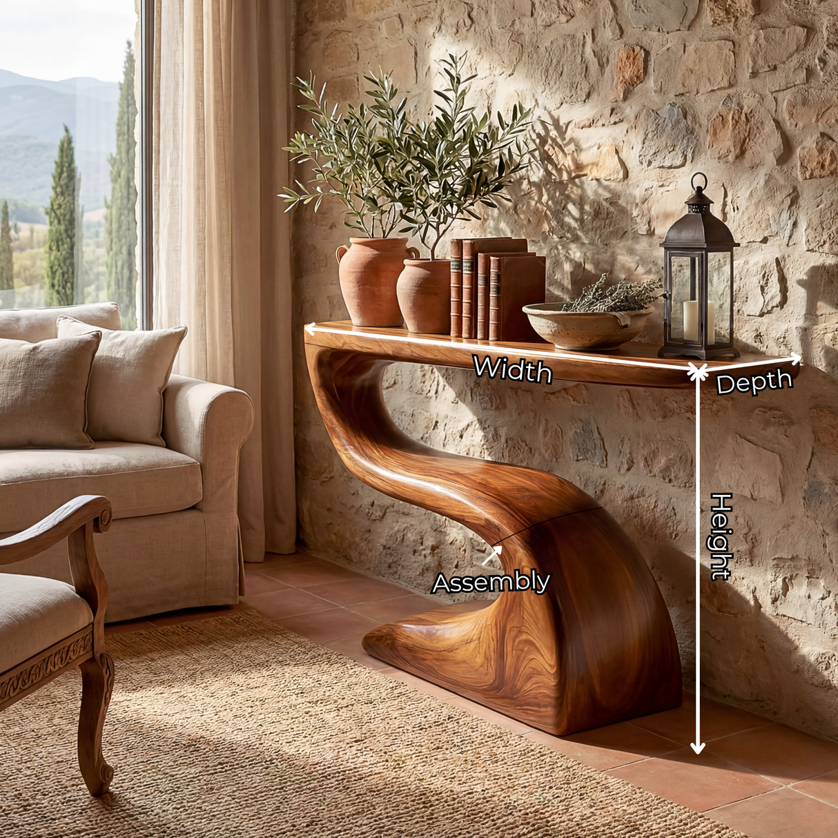 Handcrafted Solid Wood Console Table with Flowing Sculptural Base