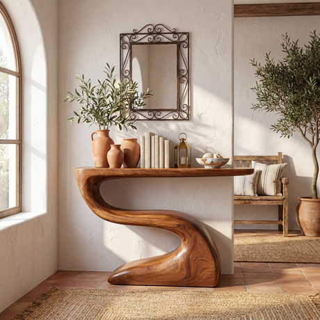 Handcrafted Solid Wood Console Table with Flowing Sculptural Base