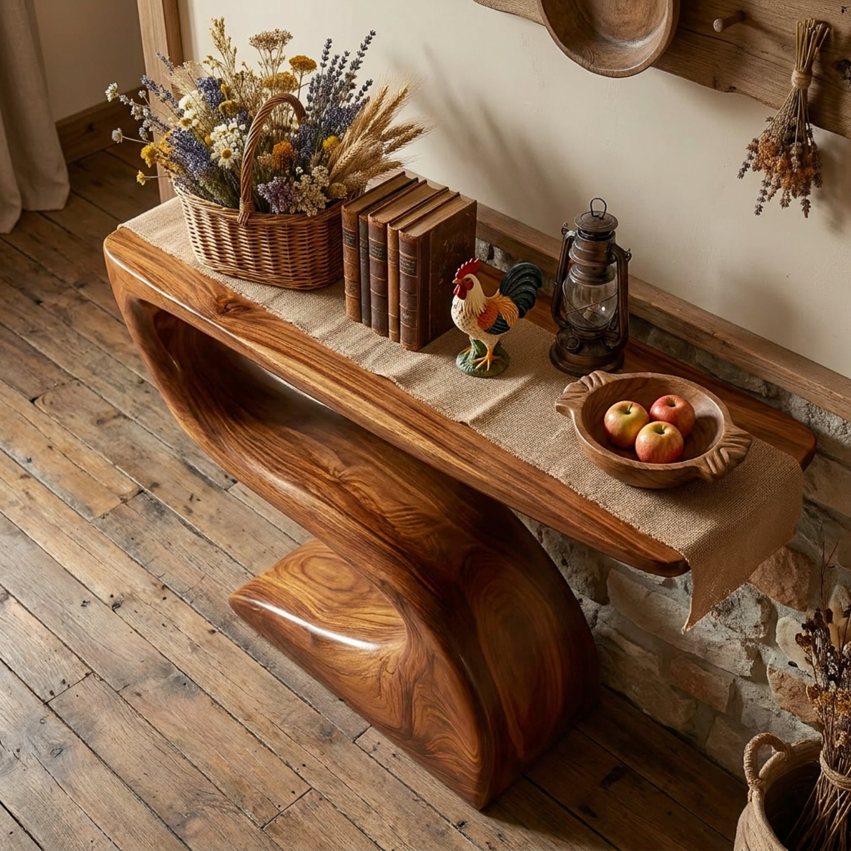 Handcrafted Solid Wood Console Table with Flowing Sculptural Base