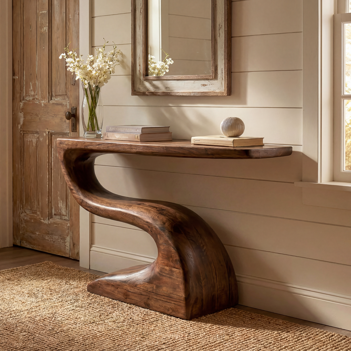 Handcrafted Solid Wood Console Table with Flowing Sculptural Base